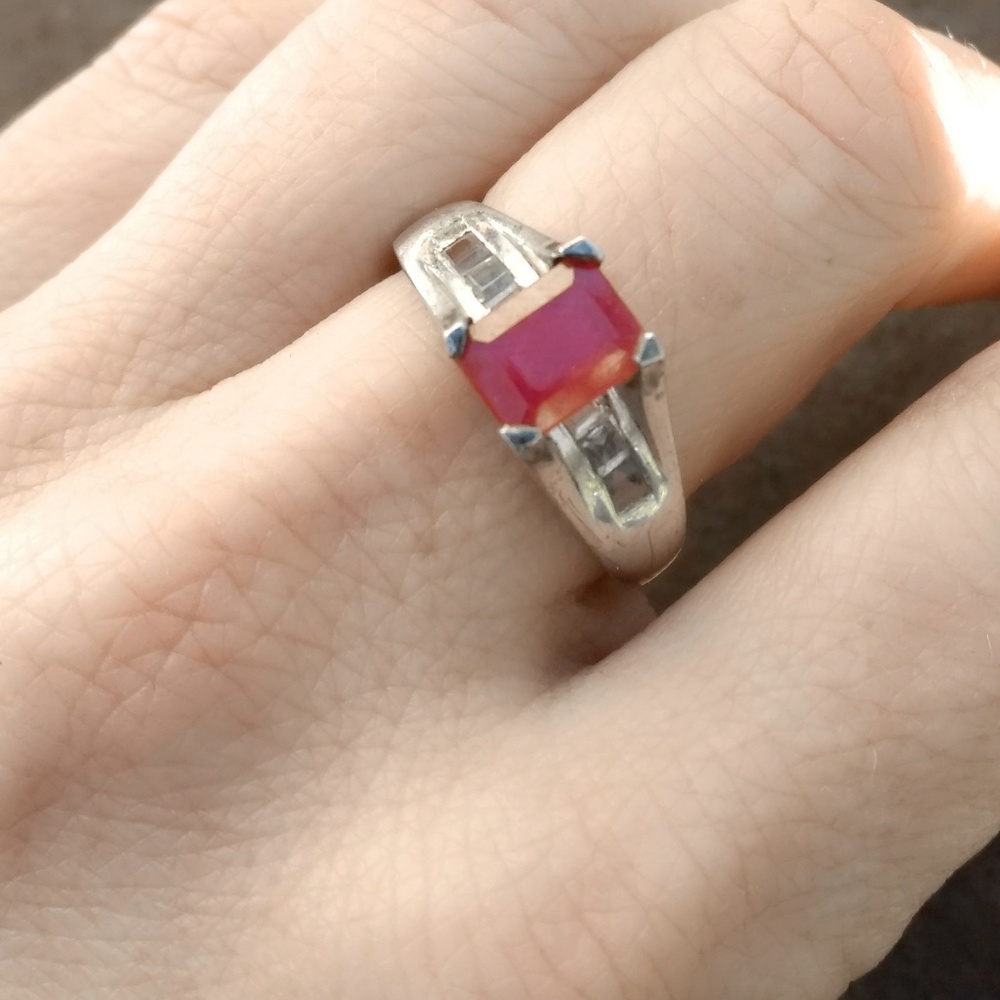 Vintage Ruby & Crystal Sterling Silver Ring- 9.25